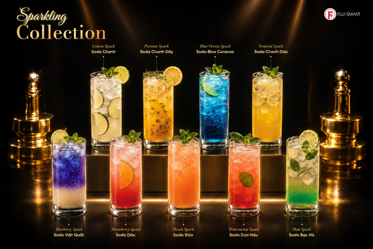 Những ly nước soda đầy màu sắc được tạo ra từ máy lọc nước âm tường Fuji Smart JAI