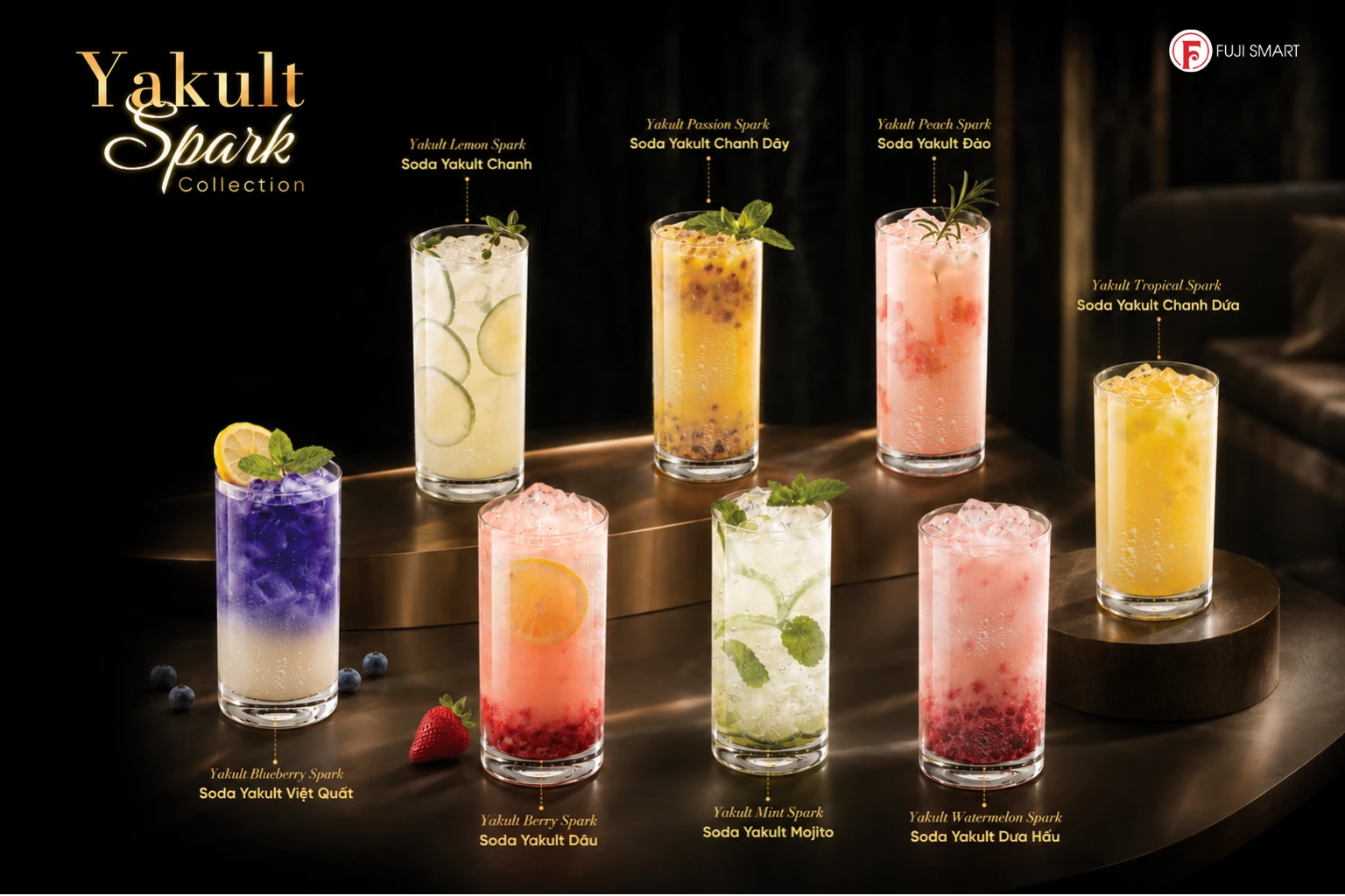 Các loại nước soda mà máy lọc nước âm tường Fuji Smart JAI có thể tạo ra khi kết hợp nền soda và các nguyên liệu sẵn có