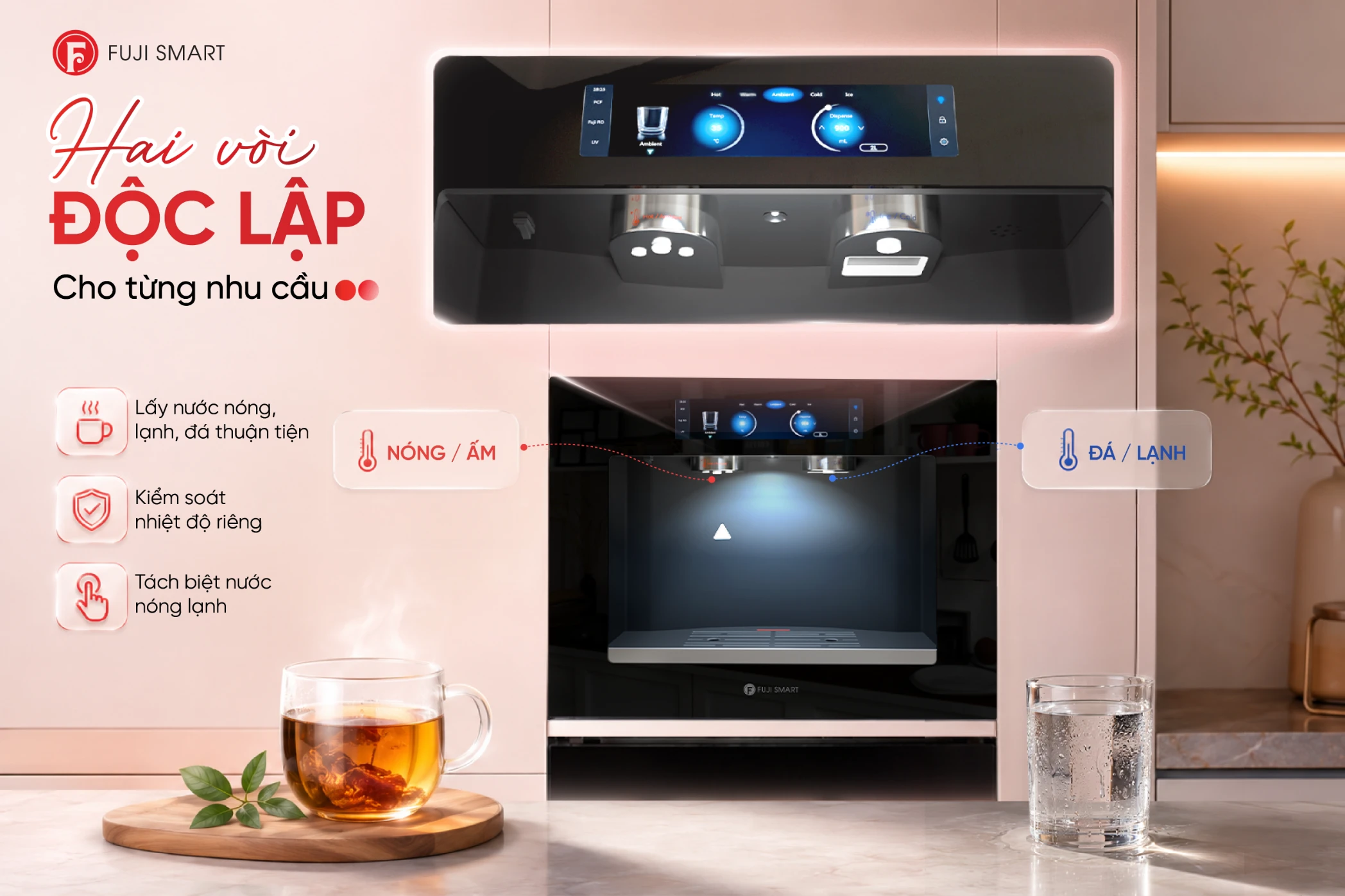 Sự tách biệt giữa hai vòi không chỉ là giải pháp kỹ thuật mà còn là ngôn ngữ thiết kế giúp mặt điều khiển trở nên thoáng đạt, dễ nhìn.