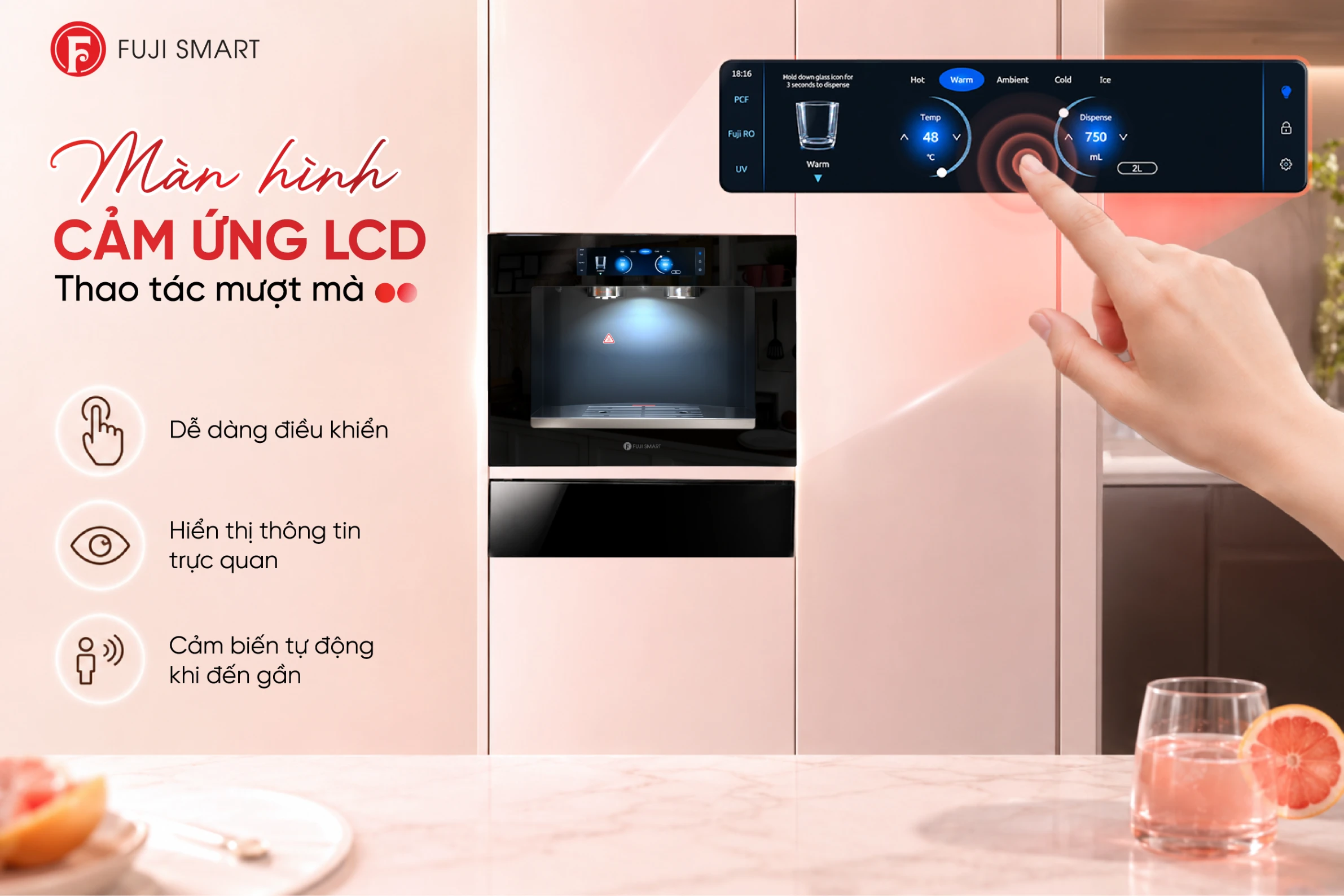 máy lọc nước âm tường Fuji Smart JAI có mặt kính đen liền khối, sáng bóng