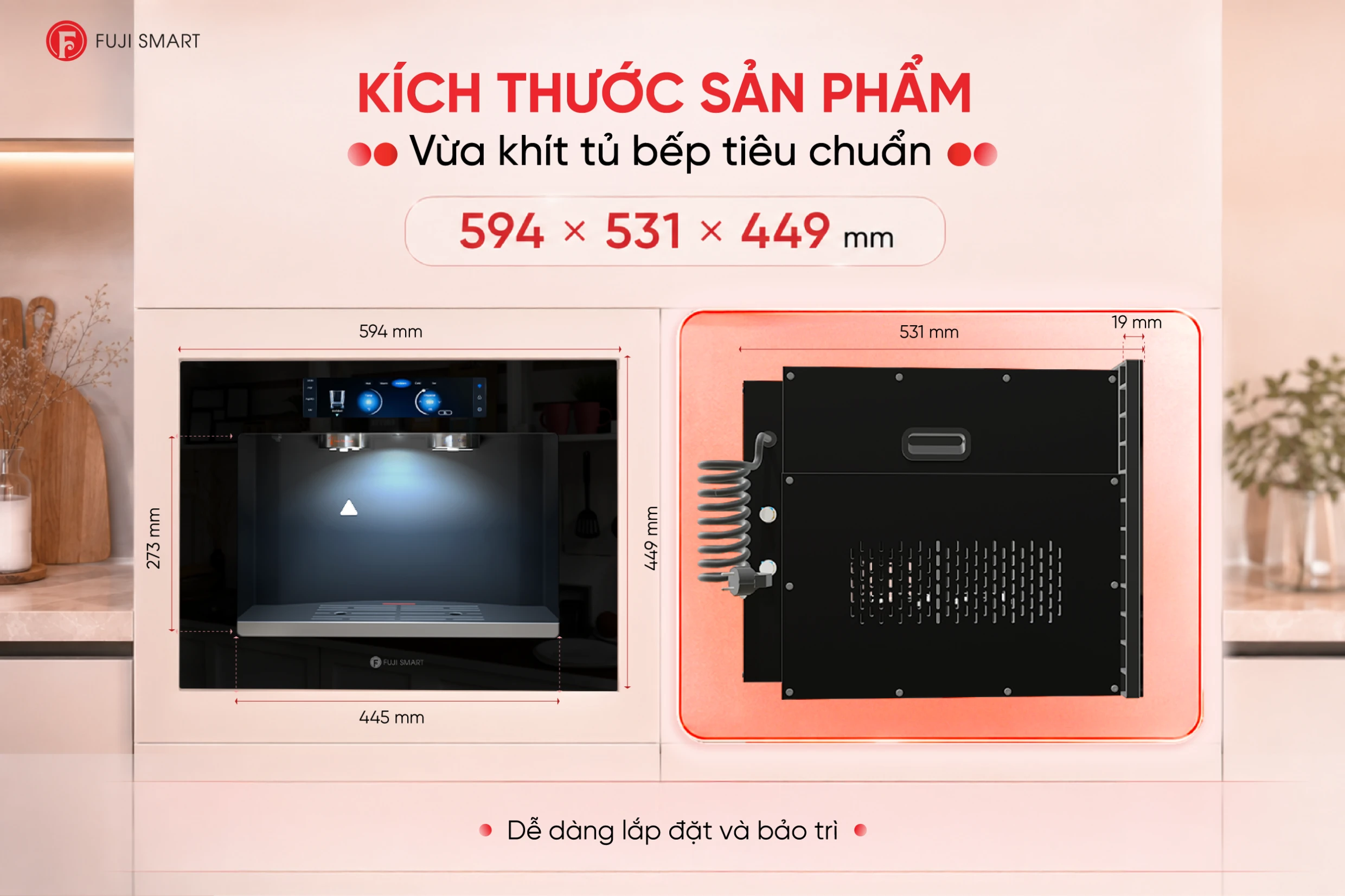 Kích thước của máy lọc nước âm tường Fuji Smart JAI