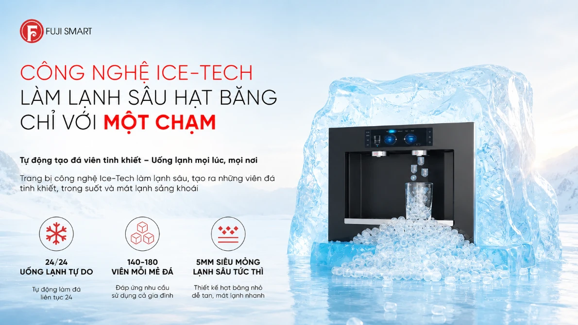Khả năng làm đá tinh khiết từ nguồn nước đã được lọc sạch của máy lọc nước âm tường Fuji Smart JAI
