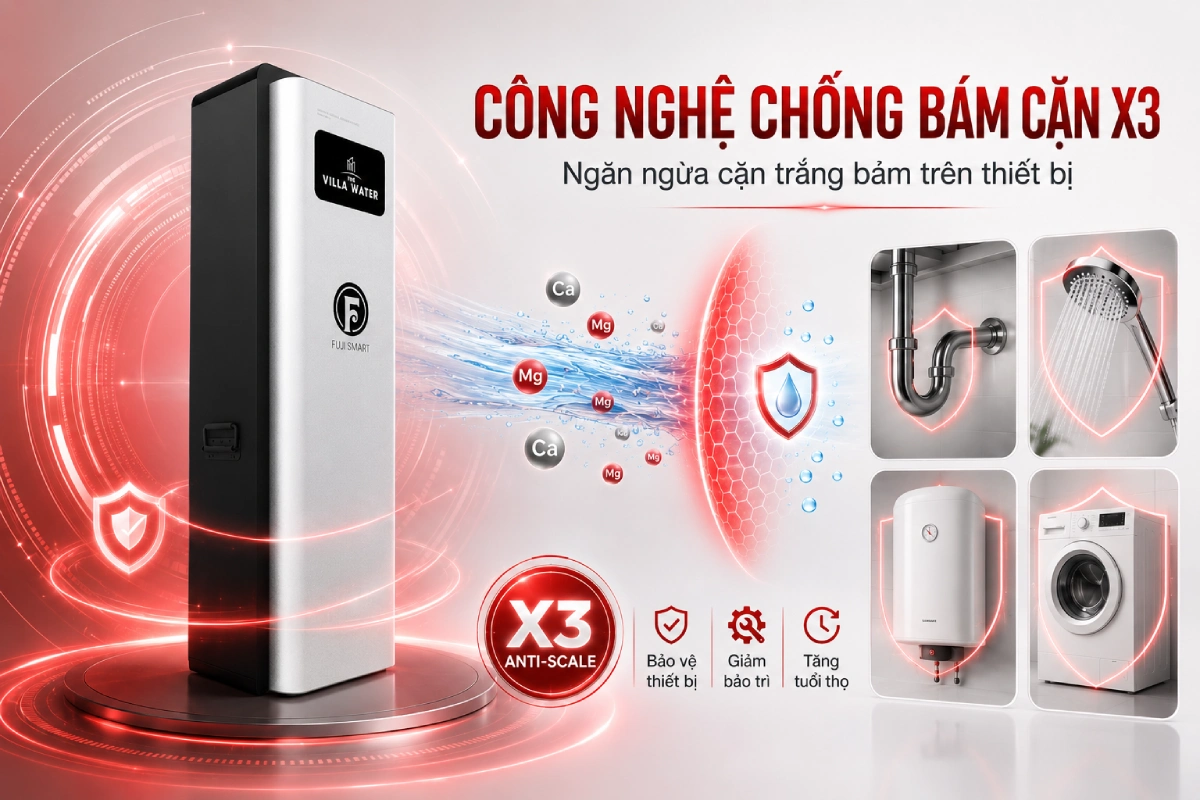 Hệ thống lọc tổng Fuji Smart S800 được áp dụng công nghệ X3 giúp ngăn chặn sự hình thành và bám dính của cặn trắng và kéo dài tuổi thọ của thiết bị