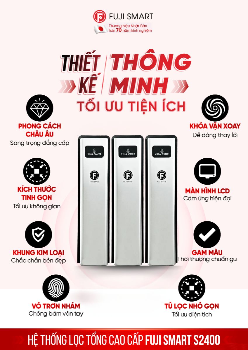 Hệ thống lọc tổng cao cấp Fuji Smart S2400 sở hữu thiết kế phong cách Châu Âu sang trọng, nhỏ gọn