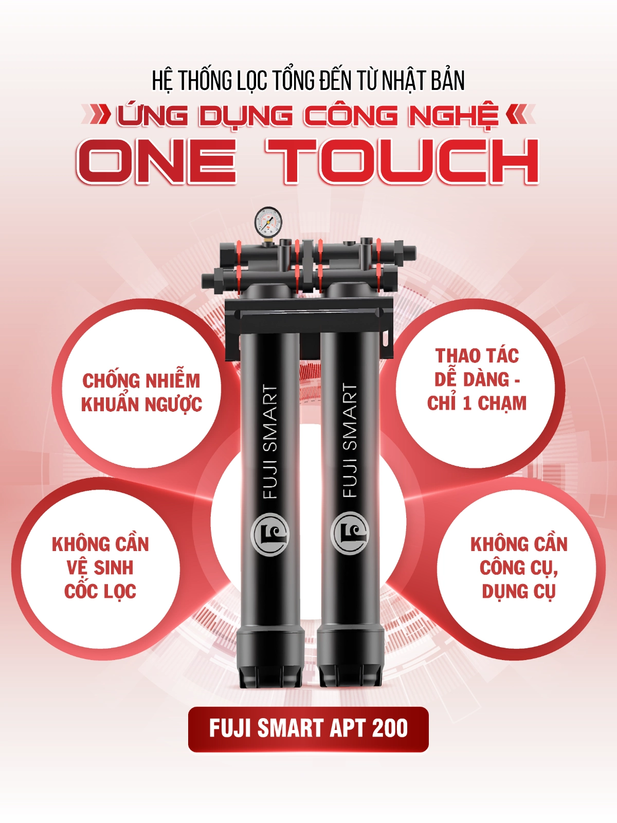 Hệ thống lọc tổng Fuji Smart APT 200 được ứng dụng công nghệ One-Touch giúp dễ dàng thay thế trụ lọc chỉ với vài thao tác xoay