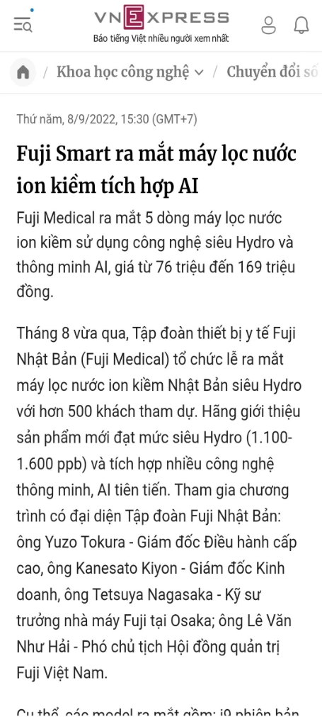 Bài viết "Fuji Smart ra mắt máy lọc nước iON kiềm tích hợp AI" trên Báo VNEXPRESS
