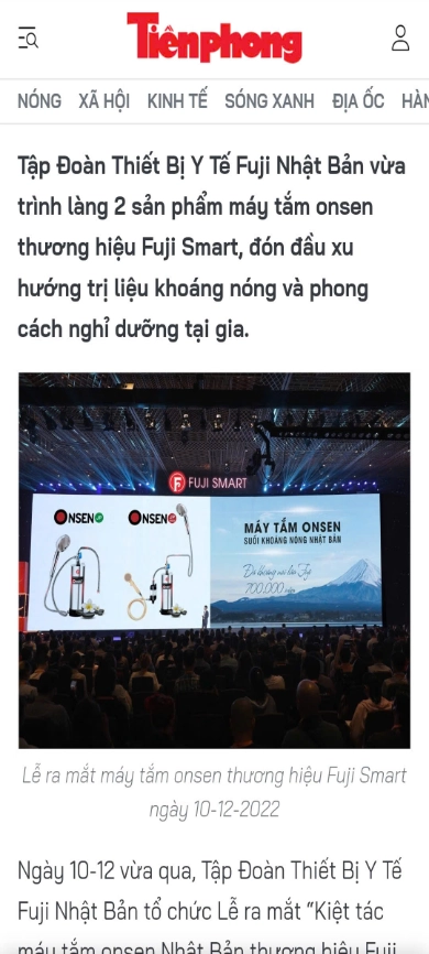 Bài viết "Fuji Smart ra mắt kiệt tác máy tắm onsen đầu tiên trên thế giới" trên Báo Tiền Phong