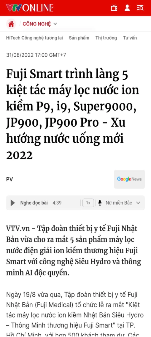 Bài viết "Fuji Smart trình làng 5 kiệt tác máy lọc nước iON kiềm P9, i9, Super9000, JP900, JP900 Pro - Xu hướng nước uống mới 2022" trên Báo VTV Online