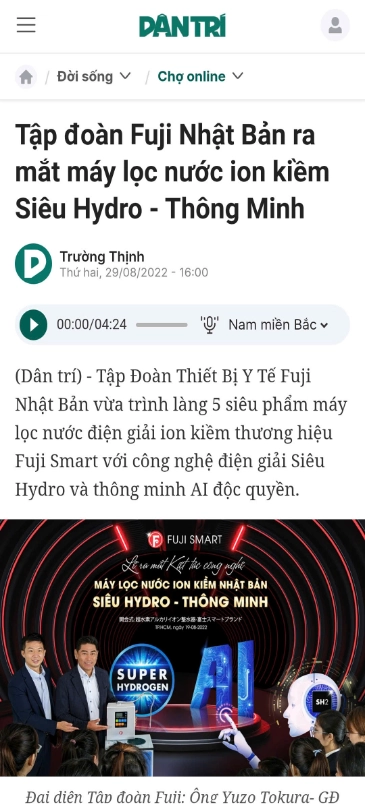 Bài viết "Tập đoàn Fuji Nhật Bản ra mắt máy lọc nước iON kiềm Siêu Hydro - Thông Minh" trên Báo Dân Trí