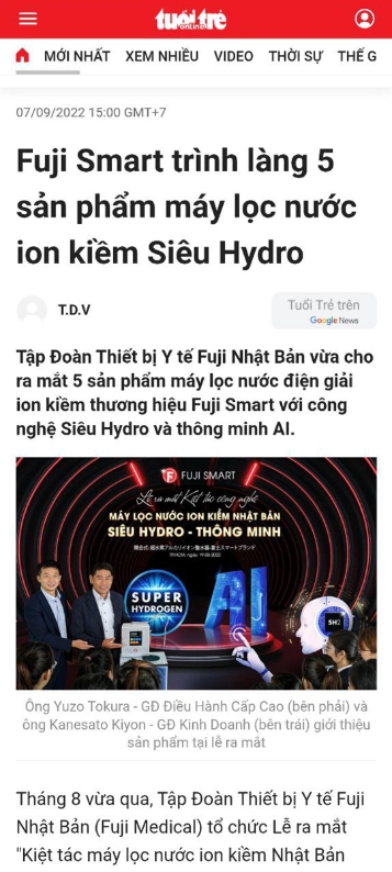Bài viết "Fuji Smart trình làng 5 sản phẩm máy lọc nước iOn kiềm siêu Hydro" trên Báo Tuổi Trẻ