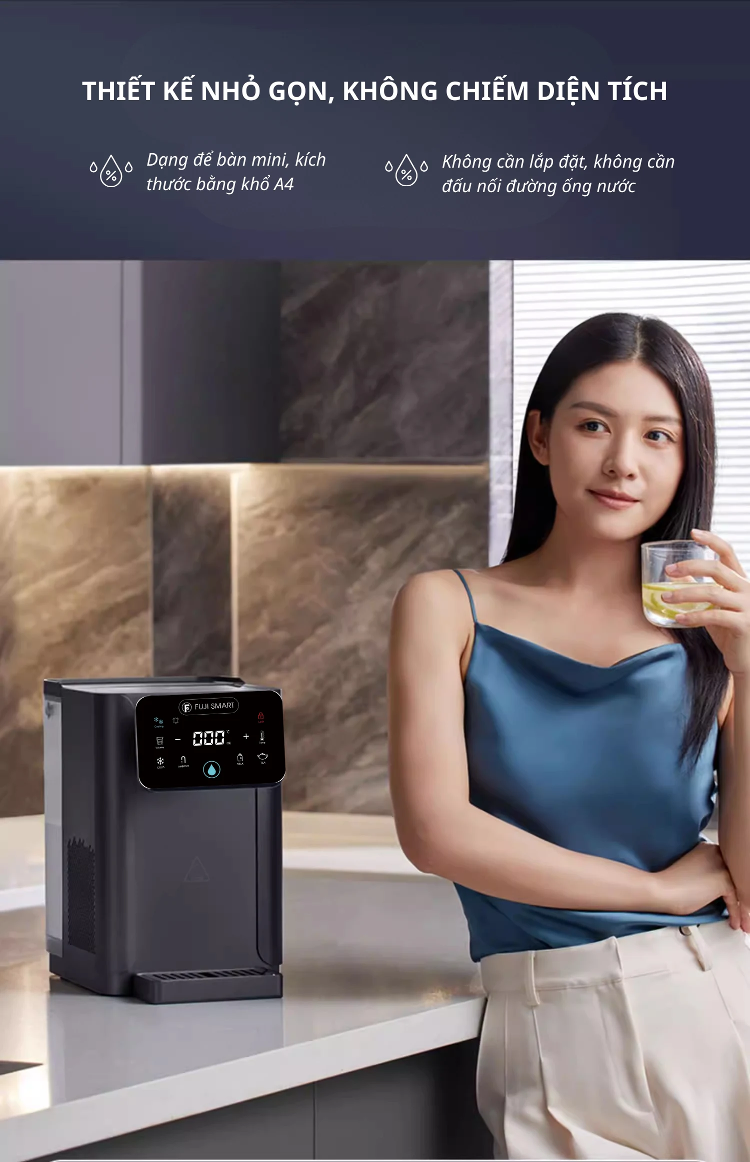 Bình thủy điện nóng lạnh thông minh Fuji Smart FHC-500 sở hữu thiết kế đứng nhỏ gọn