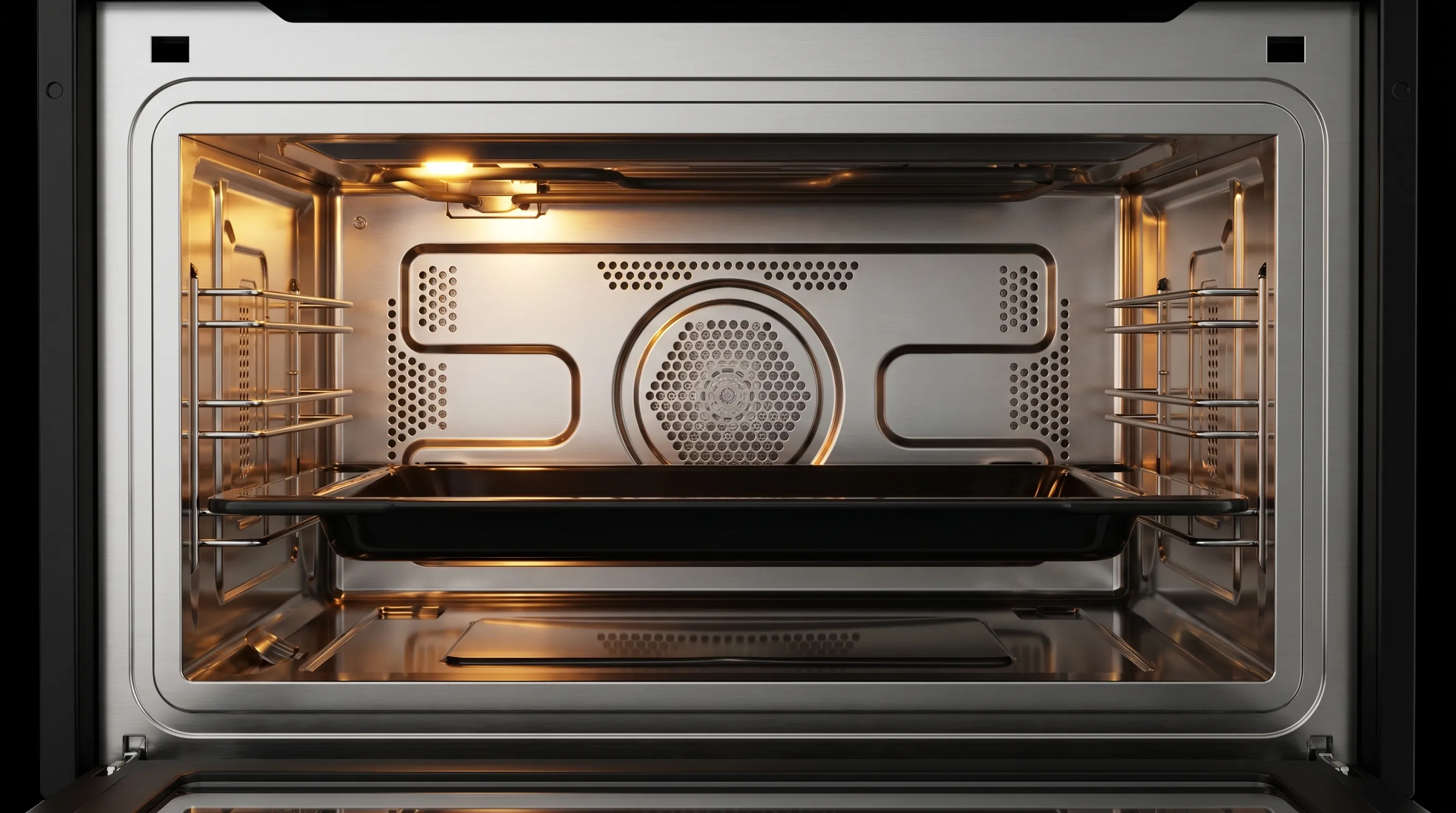 Khoang lò bằng thép không gỉ và có đèn halogen chiếu sáng