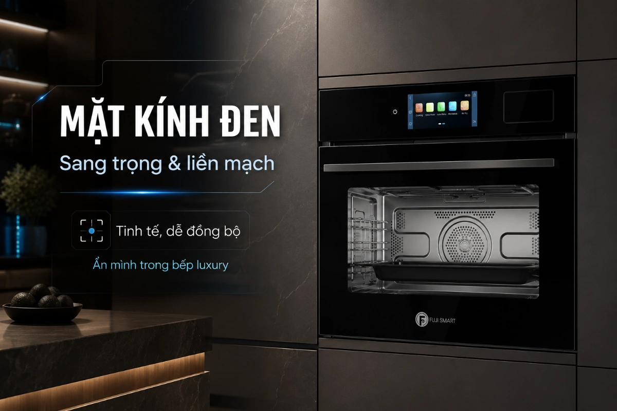 Mặt kính đen của Fuji Smart Master Chef 55L: chi tiết tạo cảm giác sang trọng trong bếp luxury