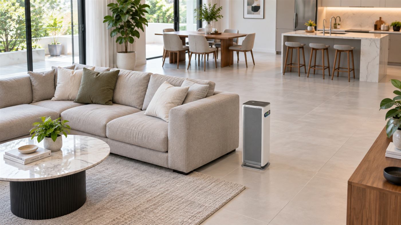Máy lọc khử trùng không khí không thay lõi FUJI SMART AX-M14000 12 FUJI SMART AX-M14000 đặt cạnh sofa trong không gian sống mở