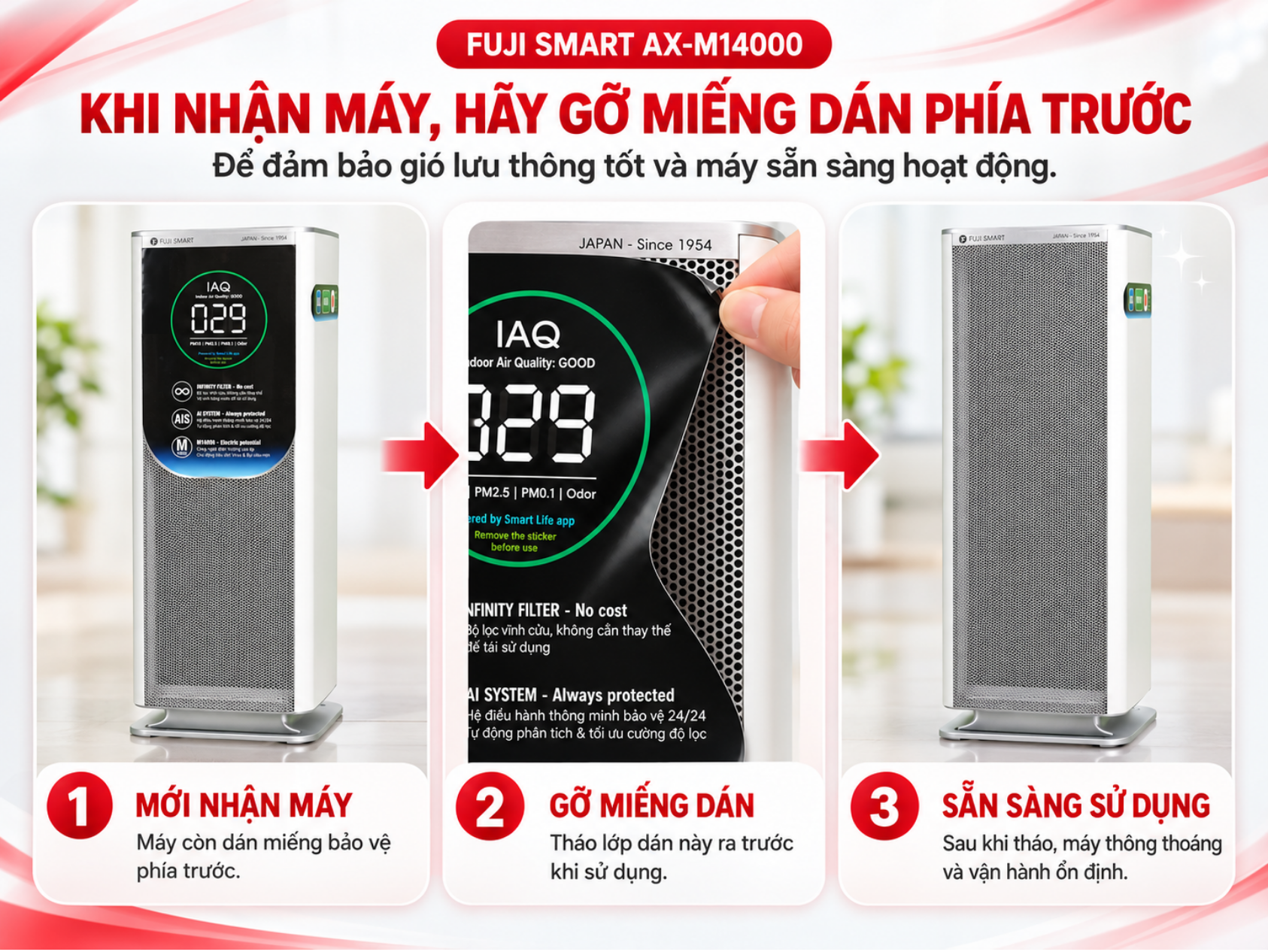 Hướng dẫn sử dụng Máy lọc khử trùng không khí Fuji Smart AX-M14000 2 Hướng dẫn gỡ miếng dán bảo vệ phía trước máy lọc khử trùng không khí FUJI SMART AX-M14000 khi mới nhận máy
