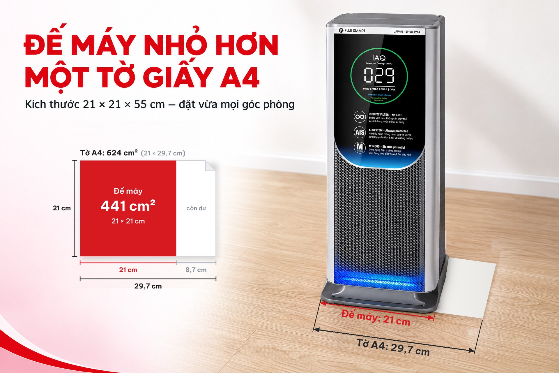 Máy lọc khử trùng không khí không thay lõi FUJI SMART AX-M14000 23 Đế máy lọc không khí FUJI SMART AX-M14000 chỉ 21 x 21 cm (441 cm²), nhỏ hơn một tờ giấy A4 21 x 29,7 cm (624 cm²)